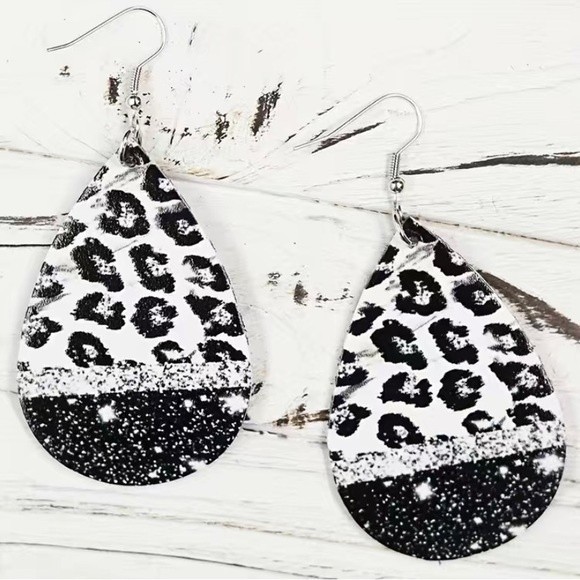 NEW Cow Print Faux Leather Black & White Drop Hook Earrings (2) - Picture 4 of 8